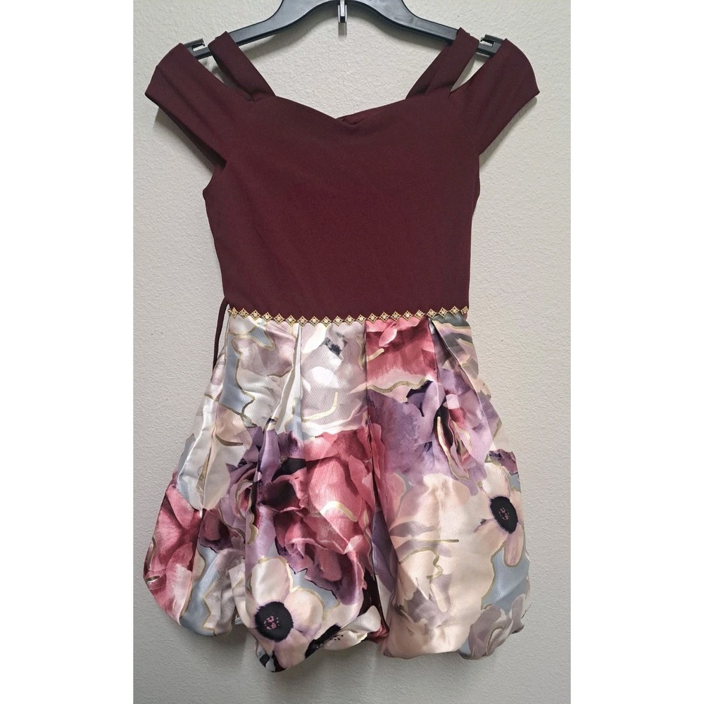 Xtraordinary Girls Dress Size 10 Burgundy Floral Off Shoulder Party